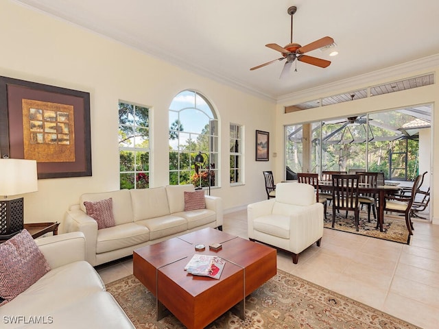 tiled living room with crown molding and ceiling fan