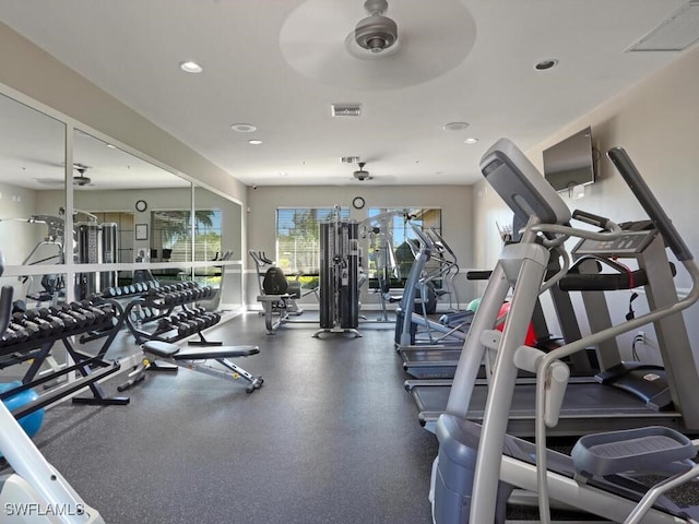 gym featuring ceiling fan