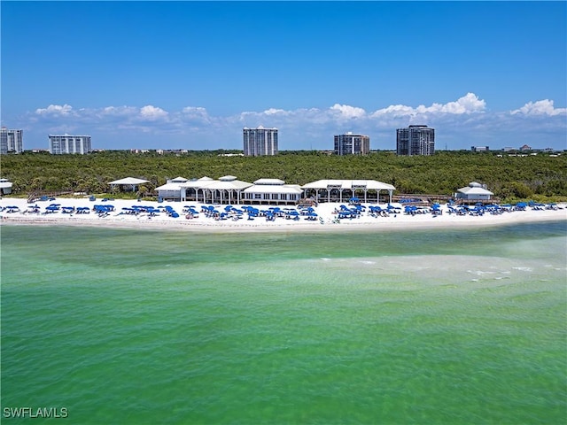 bird's eye view with a water view and a view of the beach