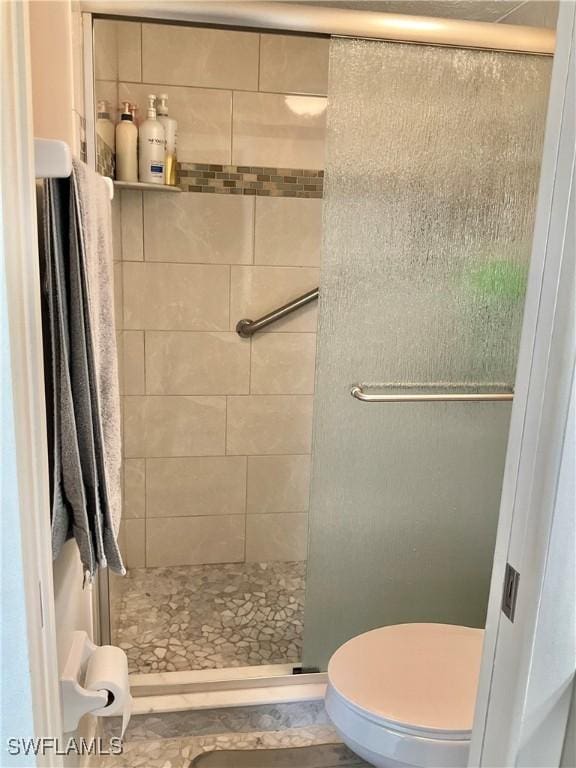 bathroom featuring a shower with shower door and toilet