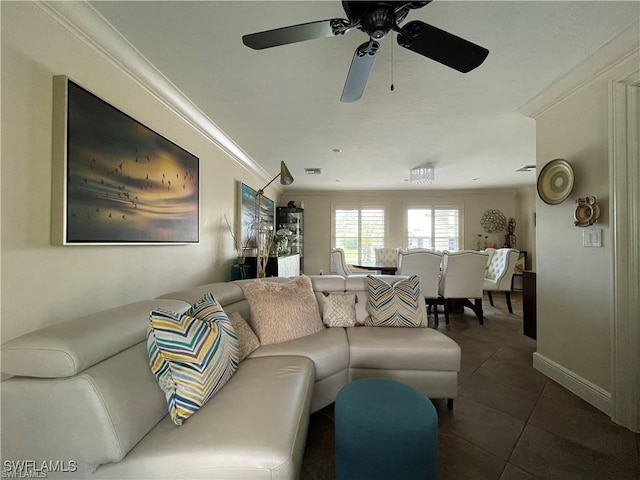 tiled living room with ornamental molding