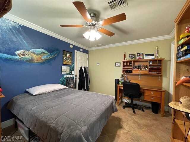 bedroom with ornamental molding and ceiling fan