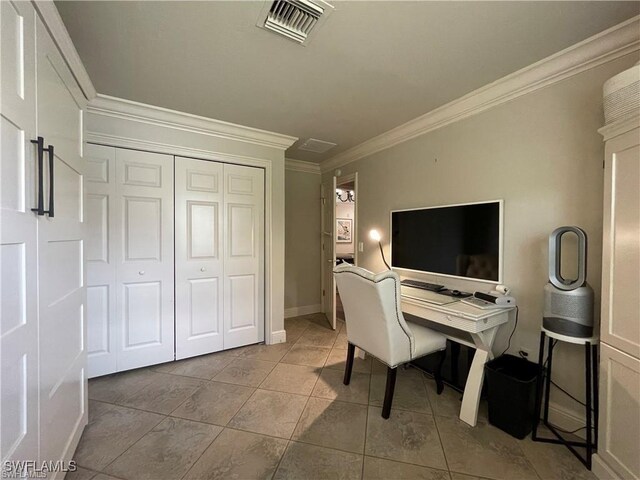 tiled home office with ornamental molding