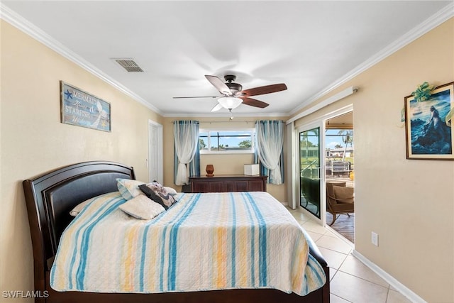 bedroom with light tile patterned flooring, ceiling fan, ornamental molding, and access to outside