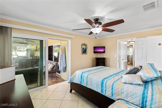 bedroom featuring crown molding, ceiling fan, and light tile patterned floors