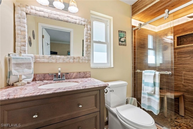 bathroom featuring walk in shower, vanity, and toilet