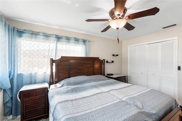 bedroom with ceiling fan and a closet