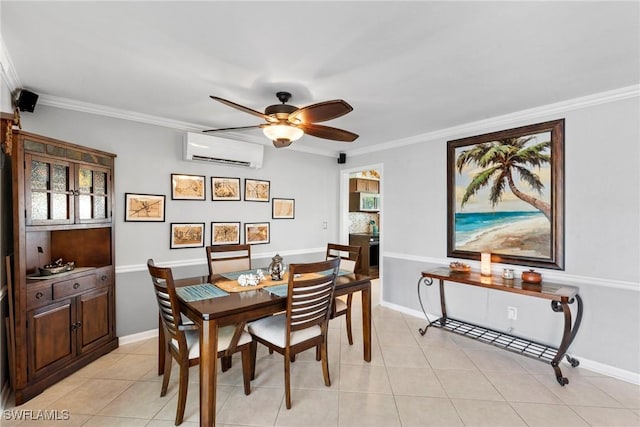 dining room with ceiling fan, ornamental molding, a wall mounted air conditioner, and light tile patterned floors