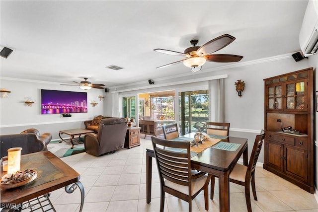 dining space featuring ornamental molding, a wall mounted air conditioner, ceiling fan, and light tile patterned floors