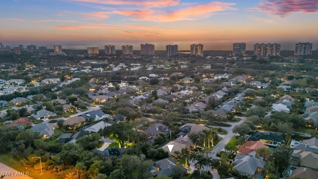 view of aerial view at dusk