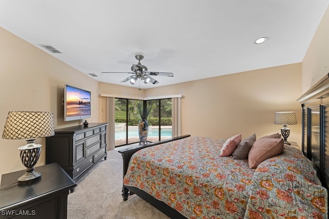 bedroom with ceiling fan, light colored carpet, and access to outside