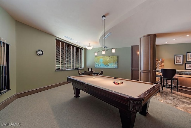 playroom with light colored carpet, lofted ceiling, billiards, and decorative columns