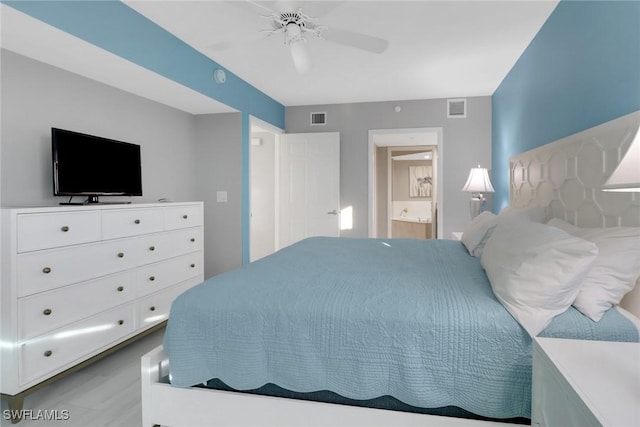 bedroom with ceiling fan and ensuite bath