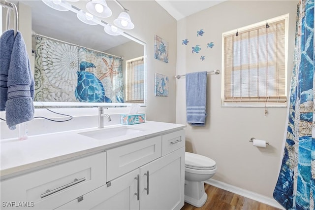 bathroom with vanity, hardwood / wood-style floors, and toilet