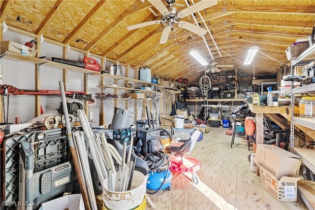 storage room featuring ceiling fan