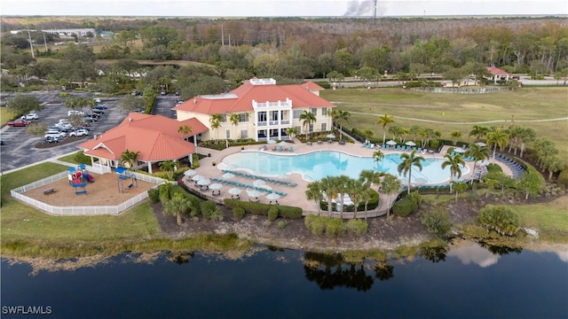 drone / aerial view with a water view