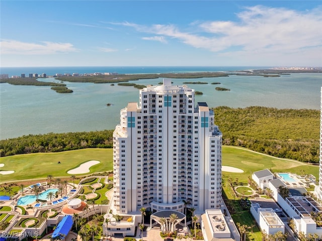 birds eye view of property featuring a water view