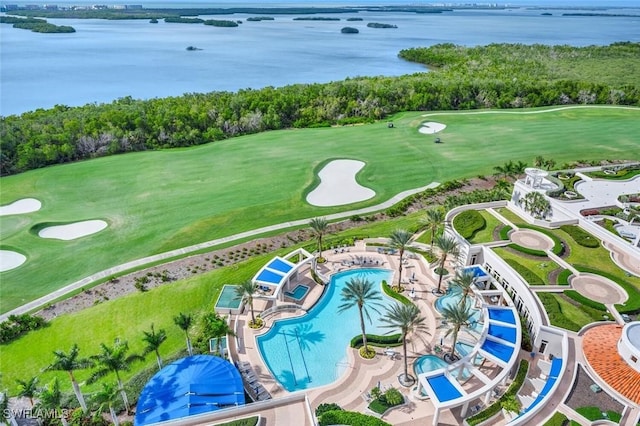 birds eye view of property featuring a water view and view of golf course