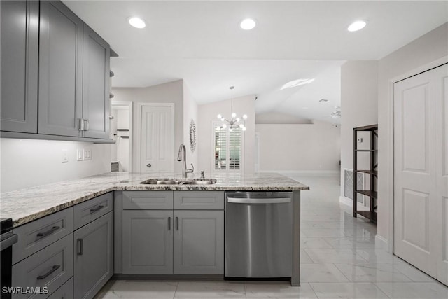 kitchen featuring gray cabinets, dishwasher, lofted ceiling, sink, and kitchen peninsula