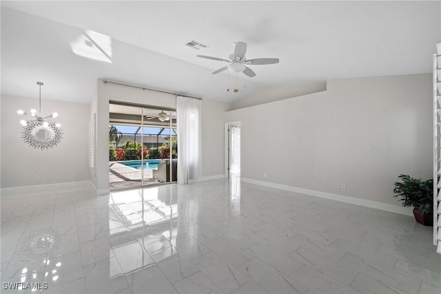 unfurnished room with lofted ceiling and ceiling fan