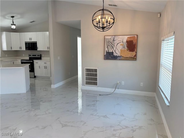 kitchen featuring vaulted ceiling, white cabinets, a chandelier, hanging light fixtures, and stainless steel electric range