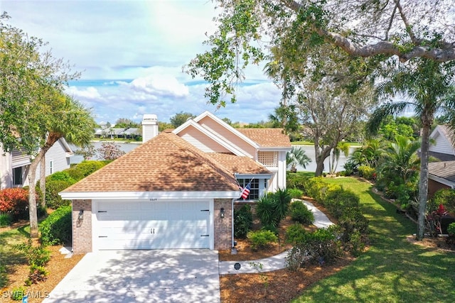 view of front facade with brick siding, a chimney, concrete driveway, a front yard, and a garage