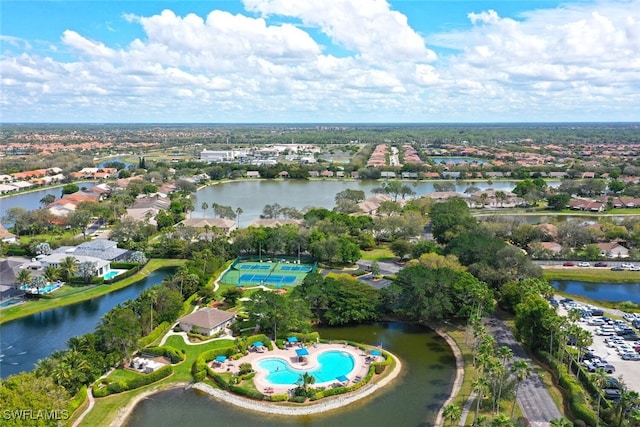 bird's eye view with a water view