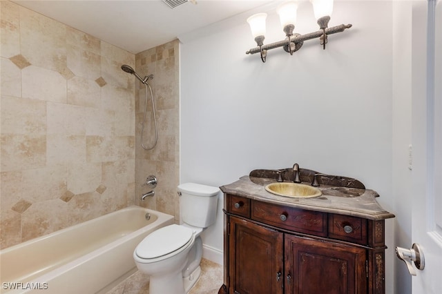 bathroom featuring toilet, shower / bathtub combination, and vanity