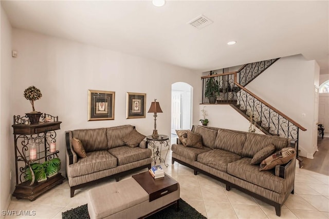 living room featuring light tile patterned floors