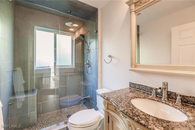 bathroom featuring vanity, a shower with shower door, and toilet