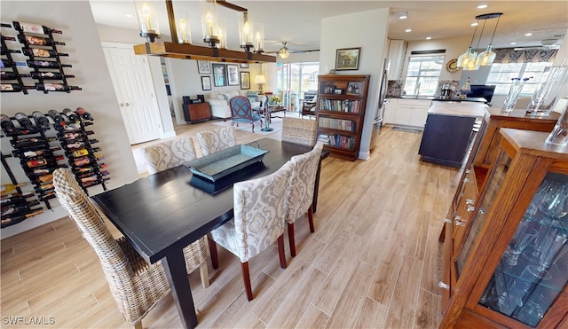 dining room with ceiling fan, light hardwood / wood-style floors, and a wealth of natural light