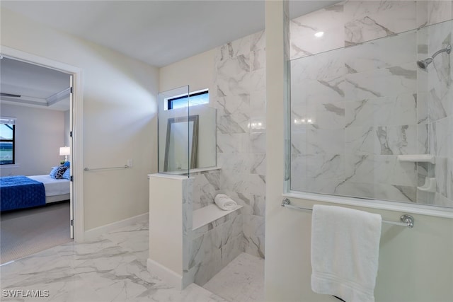 bathroom with a tile shower