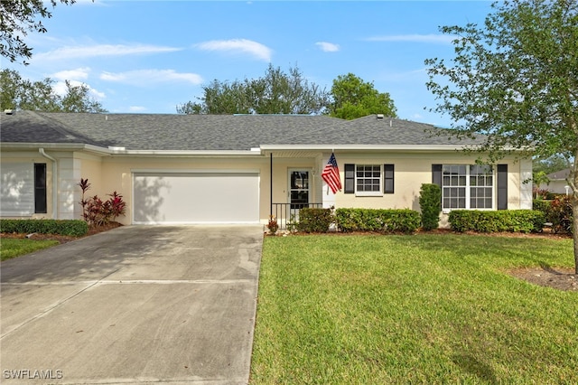 single story home with a garage and a front lawn