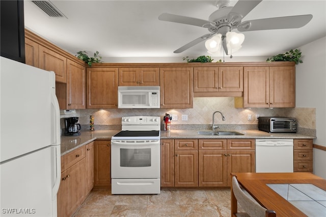 kitchen featuring ceiling fan, sink, backsplash, and white appliances