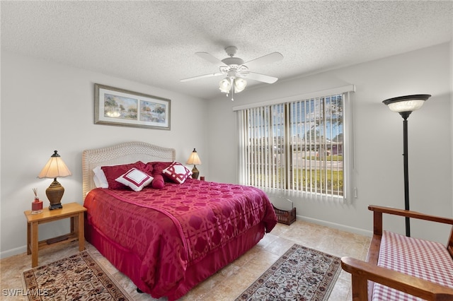 bedroom featuring ceiling fan and a textured ceiling