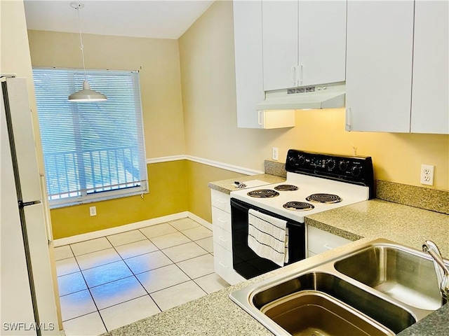 kitchen with pendant lighting, sink, range with electric stovetop, and white cabinetry