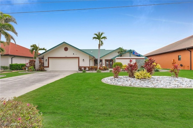 single story home featuring a garage and a front yard