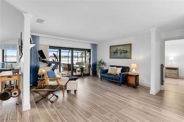 living room with decorative columns, ornamental molding, and light hardwood / wood-style floors