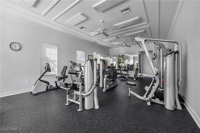 exercise room featuring ceiling fan