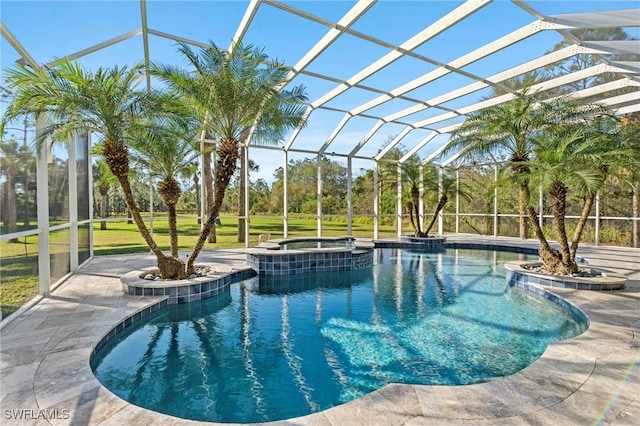 view of swimming pool with a patio area, an in ground hot tub, and glass enclosure