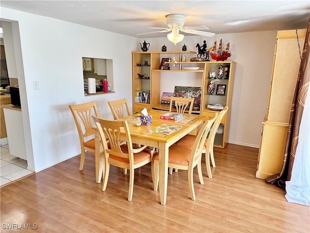 dining space featuring ceiling fan and light hardwood / wood-style floors