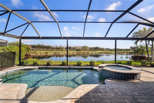 view of pool with a water view, an in ground hot tub, a lanai, and a patio area