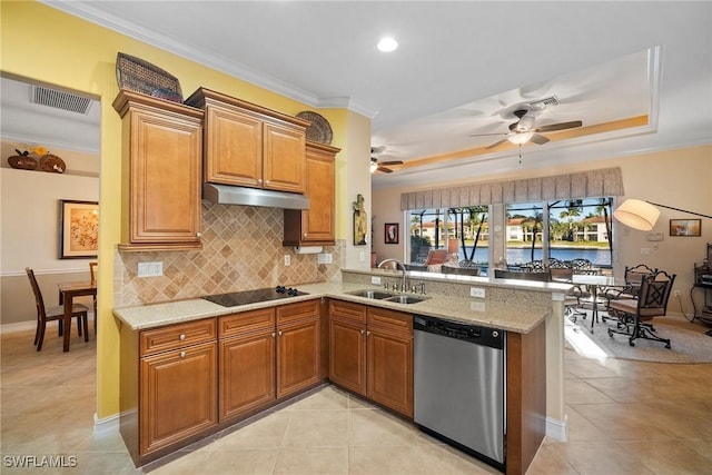 kitchen featuring sink, ornamental molding, stainless steel dishwasher, light tile patterned floors, and black electric cooktop