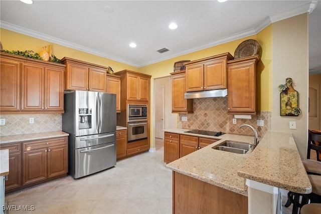 kitchen with sink, a breakfast bar area, appliances with stainless steel finishes, kitchen peninsula, and light stone countertops