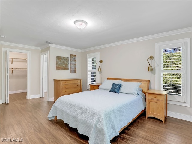 bedroom with ornamental molding, a spacious closet, a closet, and light wood-type flooring