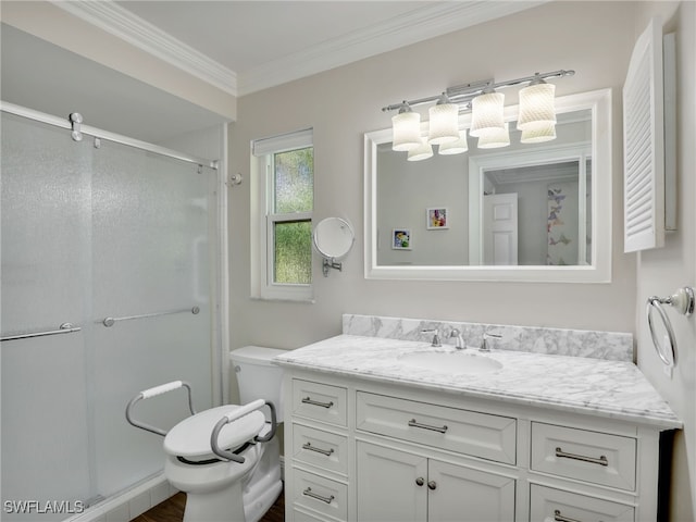 bathroom with crown molding, vanity, toilet, and an enclosed shower