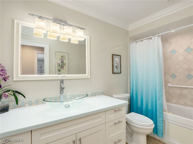 full bathroom featuring ornamental molding, toilet, shower / bathtub combination with curtain, and vanity