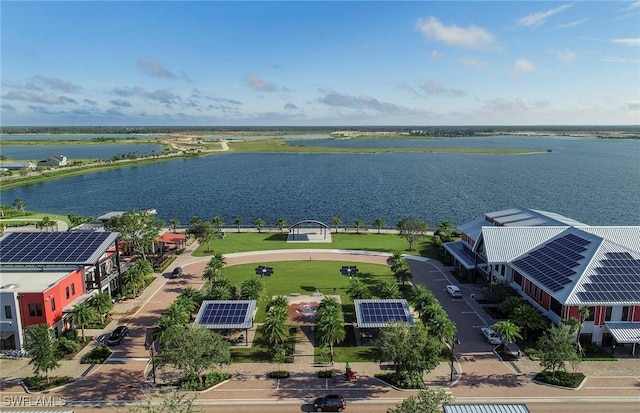 drone / aerial view with a water view