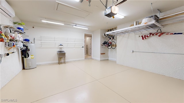 garage featuring water heater, a garage door opener, and a wall mounted AC