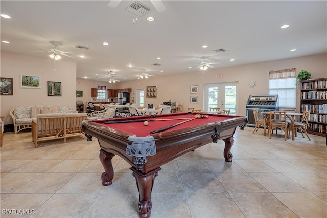 playroom featuring light tile patterned flooring, pool table, ceiling fan, and french doors